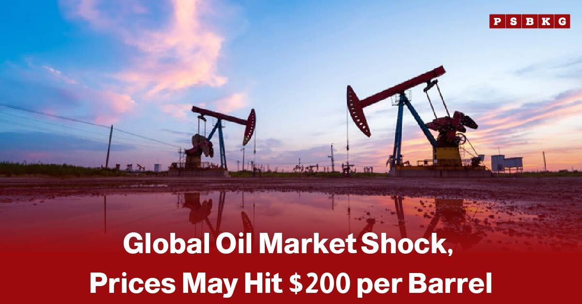 Oil pumpjacks on a field at sunset, highlighting Global oil prices amid a market shock with projections of prices potentially reaching $200 per barrel.