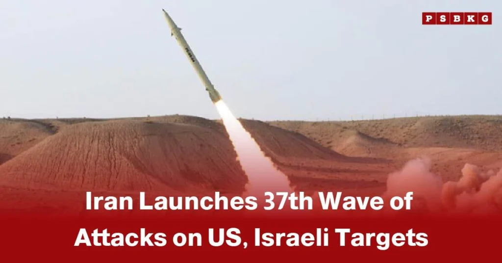 Missile launching from desert terrain as part of Iran’s 37th wave attacks targeting U.S. and Israeli interests amid escalating Iran war.