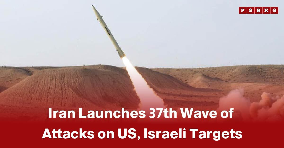 Missile launching from desert terrain as part of Iran’s 37th wave attacks targeting U.S. and Israeli interests amid escalating Iran war.