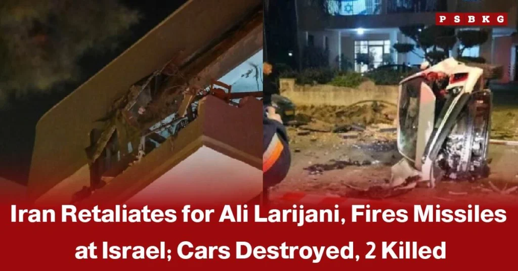 Destroyed building and an overturned car at night showing damage from Iran fires missiles at Israel after Larijani death, part of missile retaliatory strikes on Tel Aviv and central Israel.