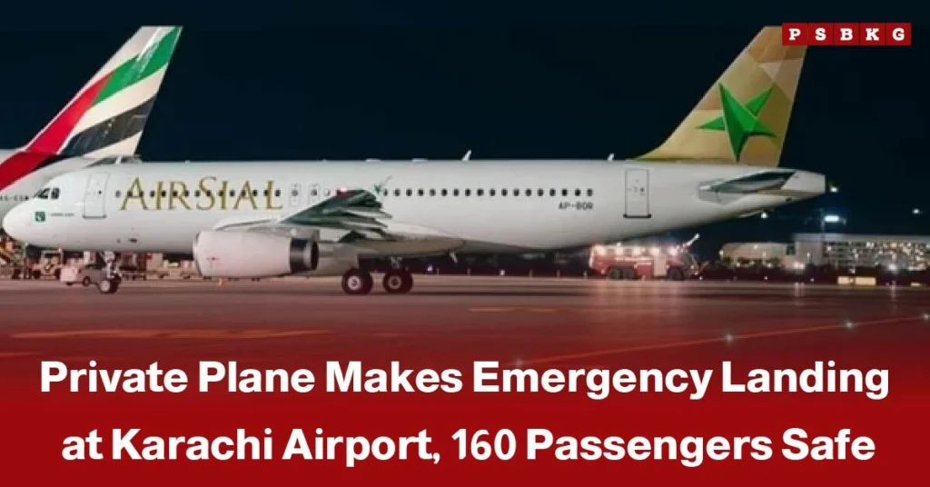 AirSial plane on Karachi airport runway at night after an emergency landing, with an Emirates tail visible in the background, highlighting Karachi Airport Emergency Landing.