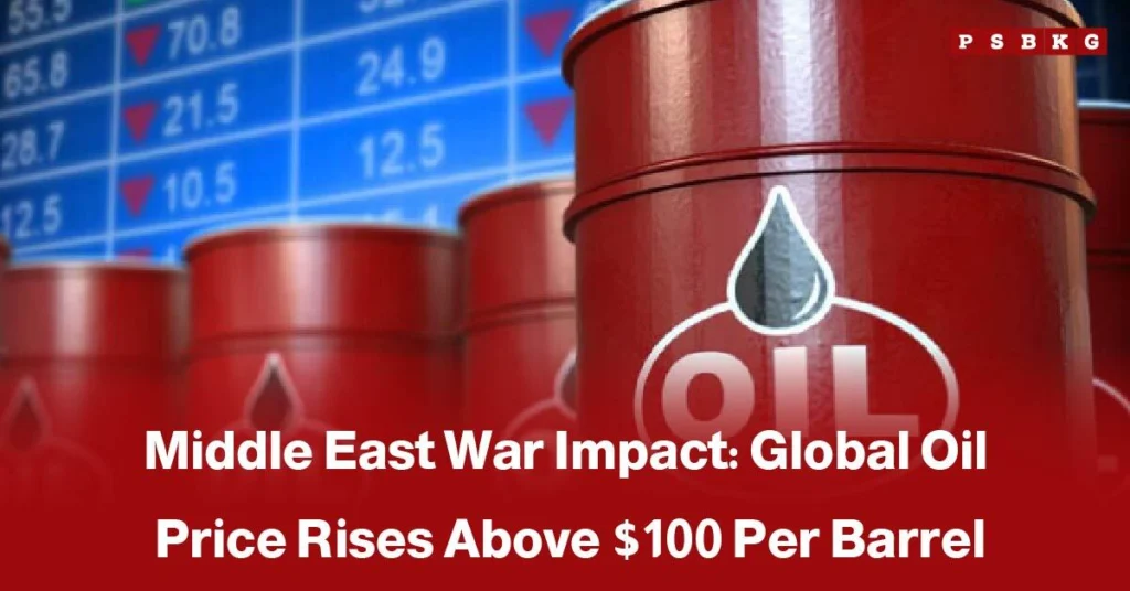 Red oil barrels in front of a stock market display, highlighting the rise in global oil prices above $100 due to Middle East war oil price.