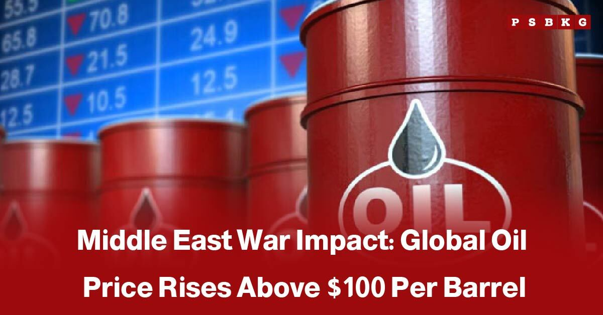 Red oil barrels in front of a stock market display, highlighting the rise in global oil prices above $100 due to Middle East war oil price.