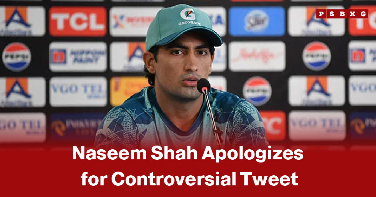 Cricketer Naseem Shah wearing a cap speaking at a press conference with sponsor logos in the background, highlighting Naseem Shah apology following his recent controversy.