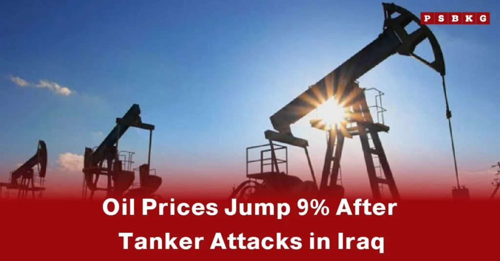 Oil drilling rigs operating against a sunset backdrop, illustrating oil prices jump after tanker attacks with a 9% rise in global crude oil prices following tanker strikes in Iraq.