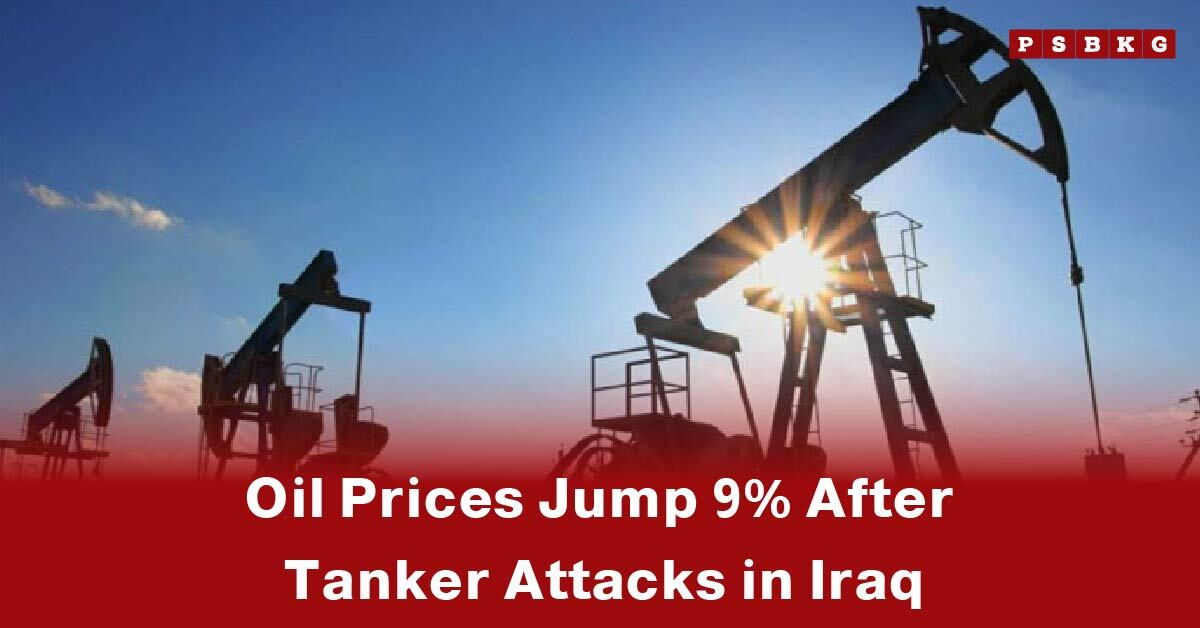 Oil drilling rigs operating against a sunset backdrop, illustrating oil prices jump after tanker attacks with a 9% rise in global crude oil prices following tanker strikes in Iraq.