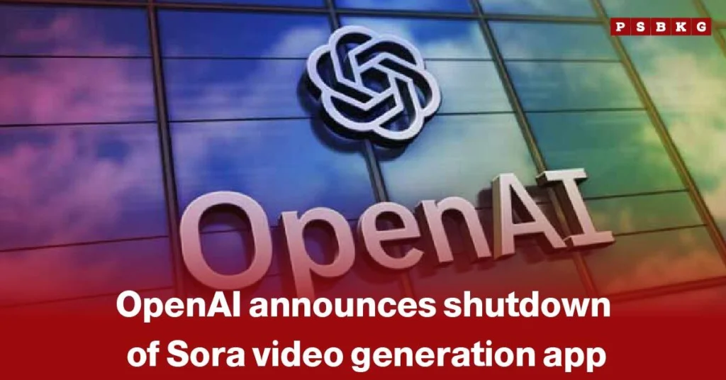 OpenAI logo on a glass building with a red banner announcing OpenAI Sora shutdown, highlighting the closure of the Sora video generation app.