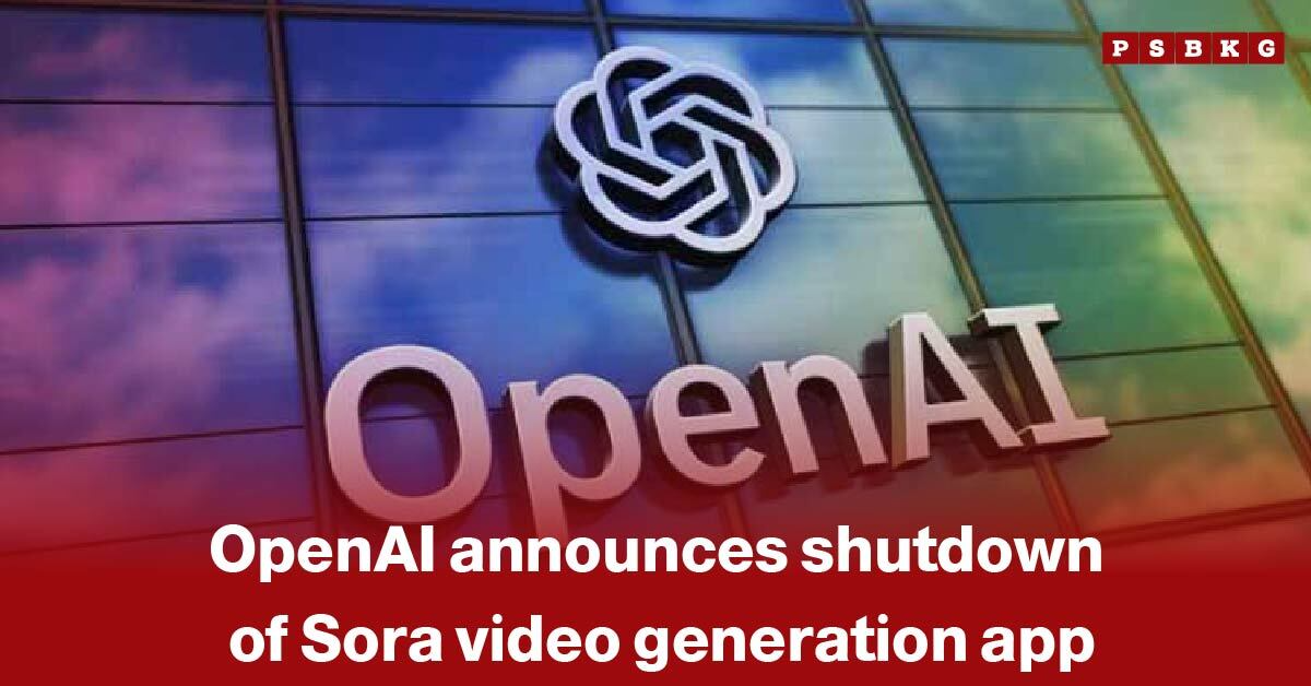 OpenAI logo on a glass building with a red banner announcing OpenAI Sora shutdown, highlighting the closure of the Sora video generation app.