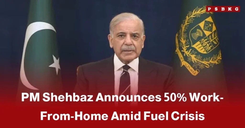 A man speaks at a podium with the Pakistan flag and emblem, announcing Shehbaz Sharif work from home fuel crisis policy with 50% work-from-home due to the fuel crisis.