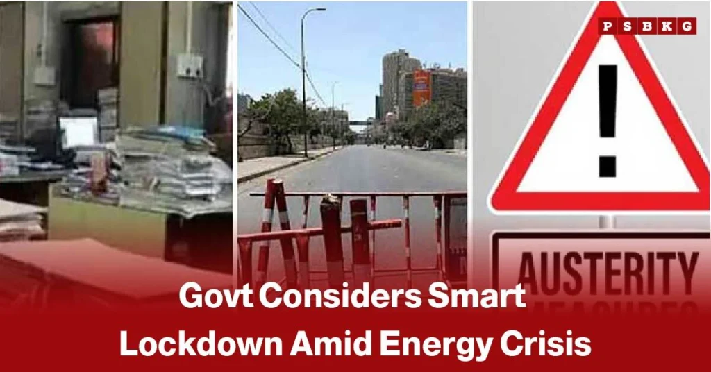 Collage showing office clutter, a blocked empty street, and an austerity warning sign, highlighting Smart Lockdown Pakistan amid the ongoing energy crisis.