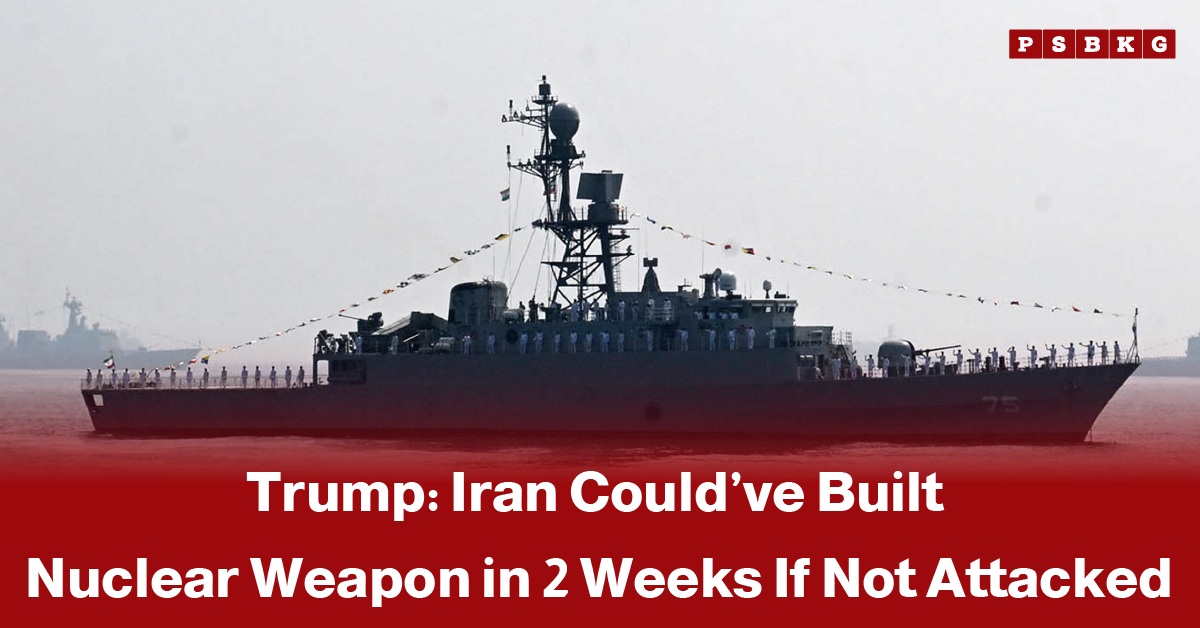 Trump Iran two weeks nuclear weapon claim: A naval ship in the foreground with crew members on deck and a hazy backdrop, featuring a bold headline about President Trump’s assertion that Iran would have had a nuclear weapon within two weeks without U.S. action.