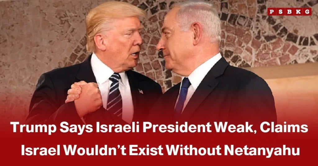 Two men in suits shaking hands in front of a patterned wall, illustrating Trump Israel Netanyahu comments reported in the news.