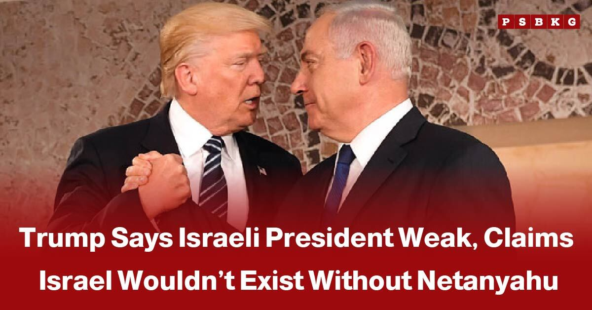 Two men in suits shaking hands in front of a patterned wall, illustrating Trump Israel Netanyahu comments reported in the news.