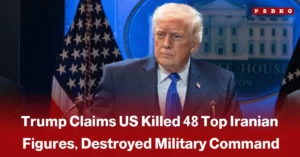 Trump claims US killed 48 Iranian leaders: A man speaks at a podium discussing military actions involving Iran, with the White House visible in the background amid escalating conflict.