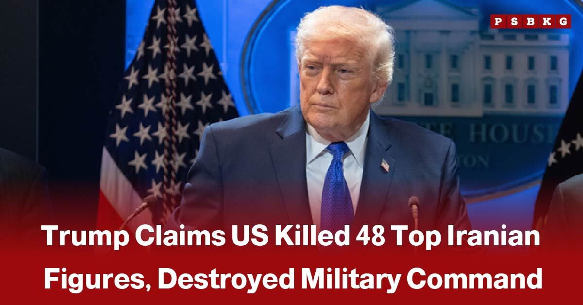 Trump claims US killed 48 Iranian leaders: A man speaks at a podium discussing military actions involving Iran, with the White House visible in the background amid escalating conflict.