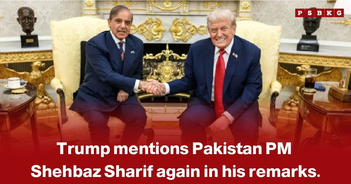 Two men in suits shaking hands while seated in an ornate room with gold accents and a fireplace, illustrating Trump mentions Shehbaz Sharif in remarks.