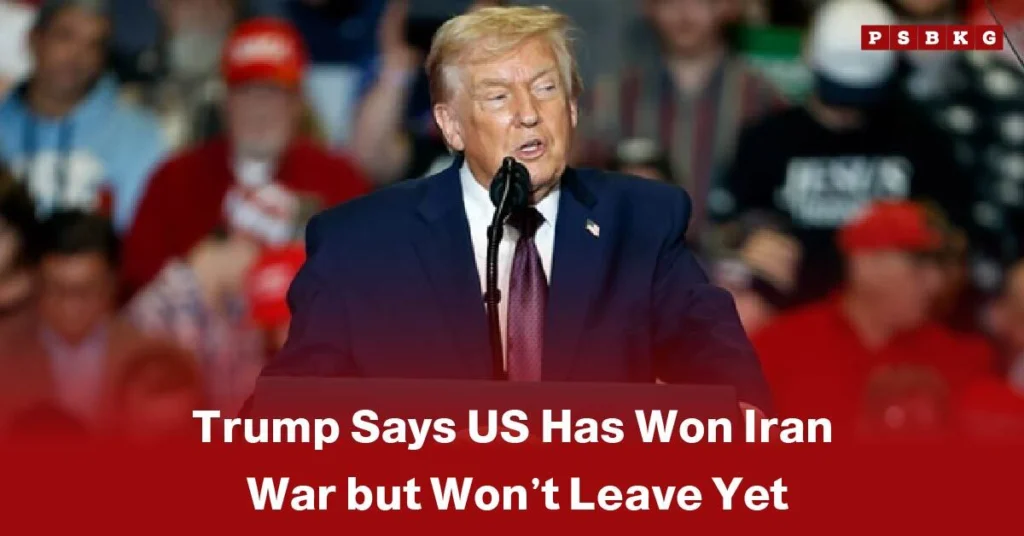 A speaker addresses a rally crowd as supporters listen, illustrating Trump says US won Iran war during a campaign-style speech claiming victory in the conflict.