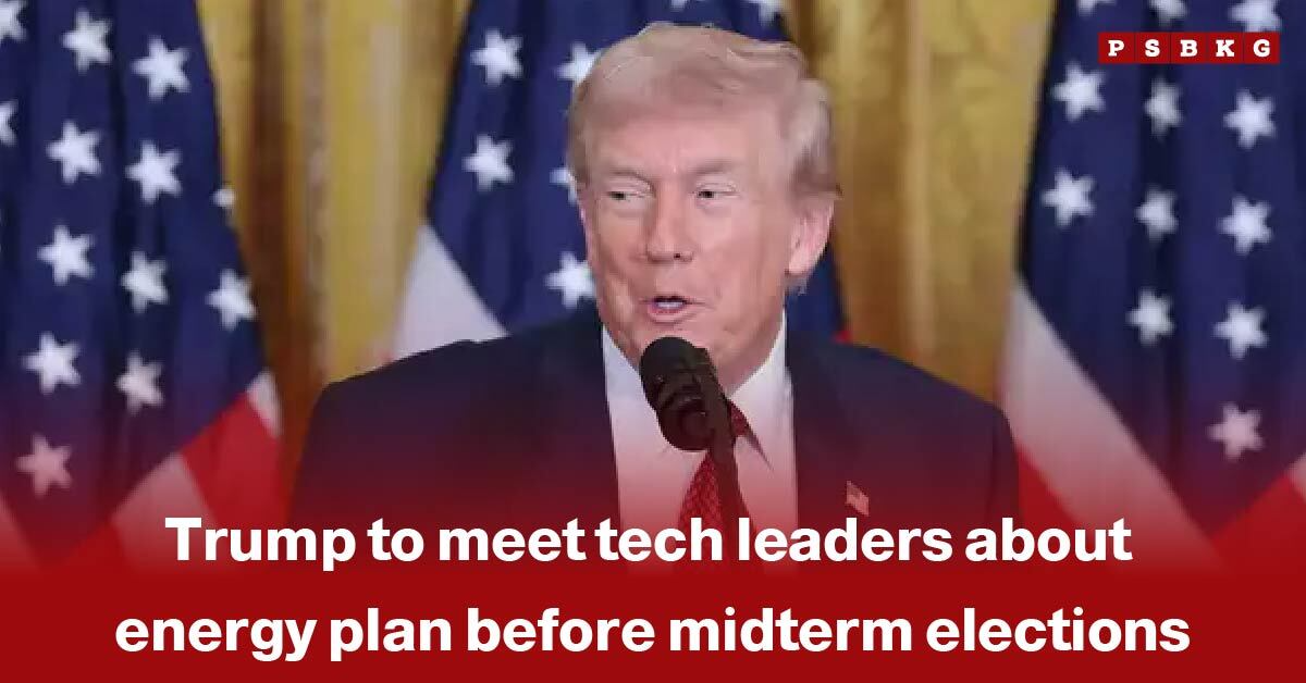 A speaker addresses an audience, flanked by American flags, discussing Trump tech leaders energy plan ahead of midterm elections.