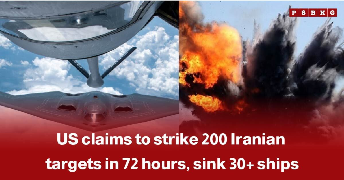 US strikes 200 targets in Iran: A military aircraft flies above clouds with a large explosion in the background, highlighting U.S. strikes on Iranian targets.