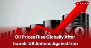 oil prices rise after Iran conflict: Graphic illustrating rising oil prices globally with an upward red arrow and barrels in the background linked to geopolitical actions following the Iran conflict.