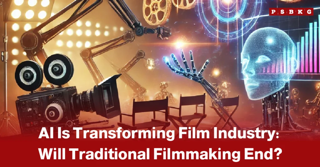 AI in filmmaking future futuristic scene showing AI technology with a robotic hand and digital face interacting with film equipment, highlighting AI’s impact on the future of filmmaking.