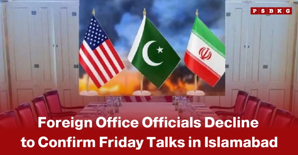 Foreign Office Friday talks Islamabad three national flags of the USA, Pakistan, and Iran above a conference table with text about Foreign Office talks in Islamabad focusing on diplomatic engagement and peace discussions.