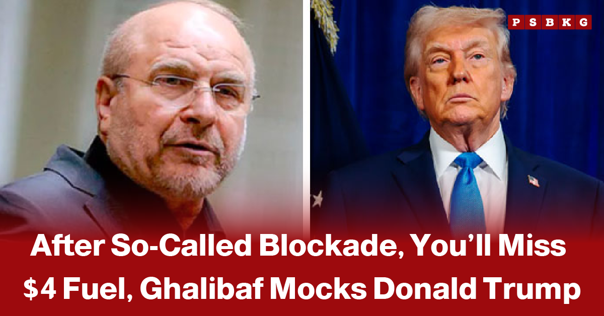 Ghalibaf Trump fuel statement – split image showing two men in suits with text about Mohammad Bagher Ghalibaf mocking Donald Trump over fuel prices and blockade.