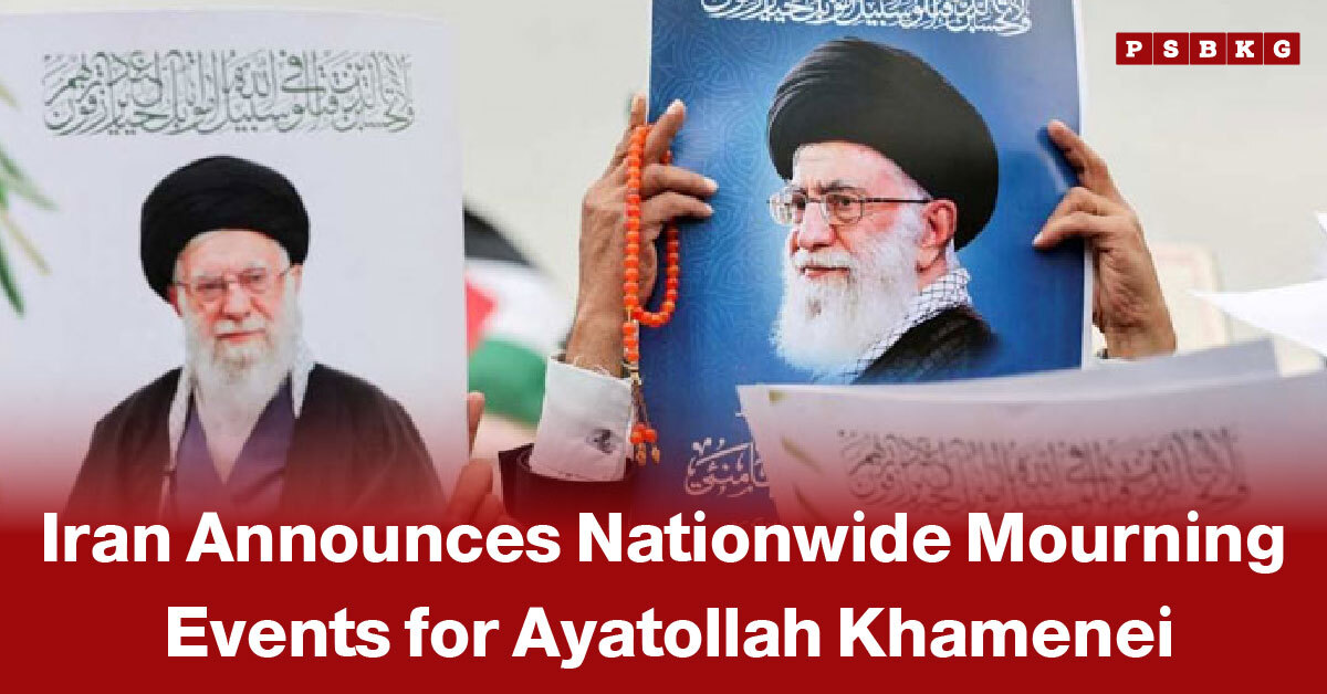 Iran mourning Khamenei hands holding posters of Ayatollah Khamenei with Persian script, with text about Iran announcing nationwide mourning events and memorial ceremonies.