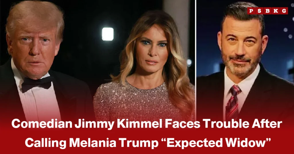 Jimmy Kimmel Melania Trump controversy – three people dressed formally with a headline about Jimmy Kimmel facing backlash for calling Melania Trump “expected widow.”