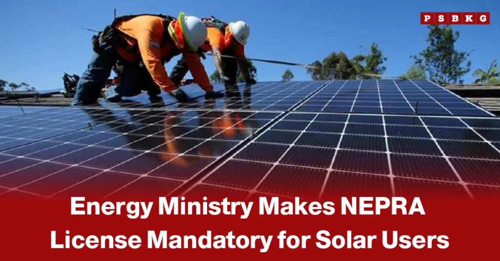 NEPRA license solar Pakistan two workers in safety gear installing solar panels under a clear blue sky with a news headline about NEPRA license approval for solar energy projects in Pakistan.