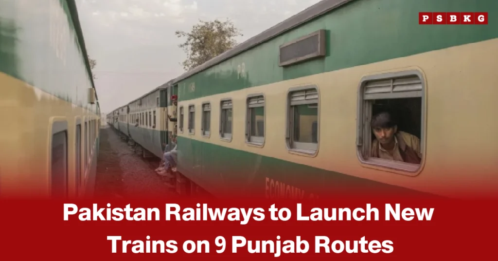 Pakistan Railways new trains Punjab routes two green and cream Pakistan Railways trains on parallel tracks with passengers looking out of windows at dusk.