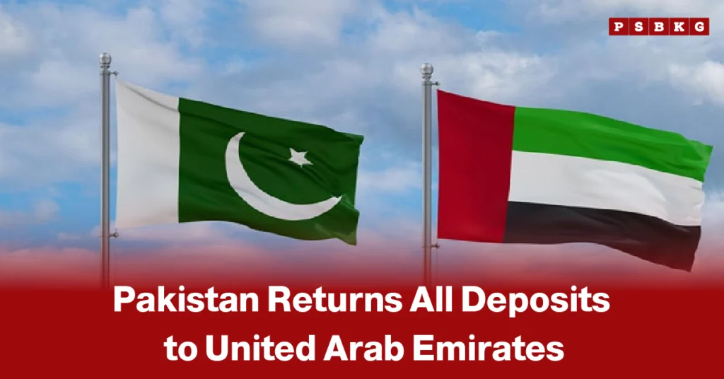 Pakistan UAE deposits return flags of Pakistan and the United Arab Emirates fluttering side by side against a cloudy sky with a headline about return of deposits between the two countries.