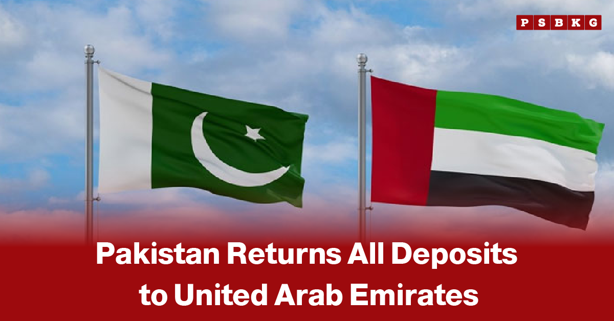Pakistan UAE deposits return flags of Pakistan and the United Arab Emirates fluttering side by side against a cloudy sky with a headline about return of deposits between the two countries.