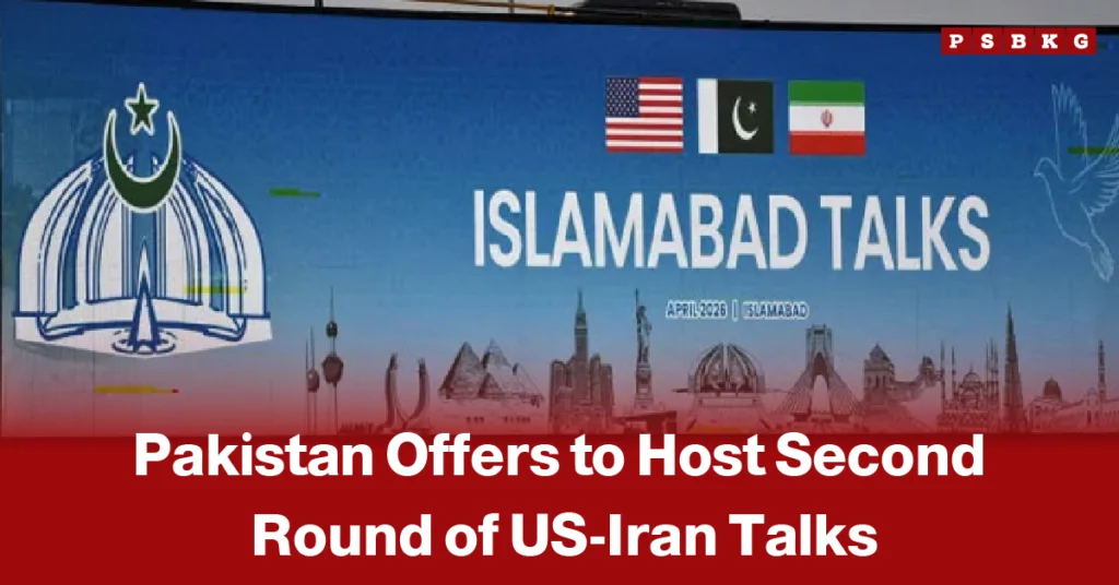 Pakistan US Iran talks banner showing flags of the US, Pakistan, and Iran with text “Islamabad Talks” and headline about Pakistan offering to host a second round of US-Iran talks in Islamabad amid ongoing diplomatic efforts.