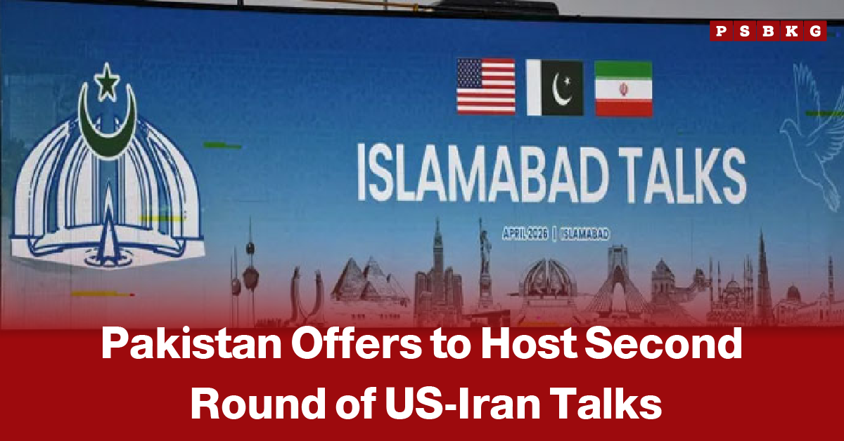 Pakistan US Iran talks banner showing flags of the US, Pakistan, and Iran with text “Islamabad Talks” and headline about Pakistan offering to host a second round of US-Iran talks in Islamabad amid ongoing diplomatic efforts.