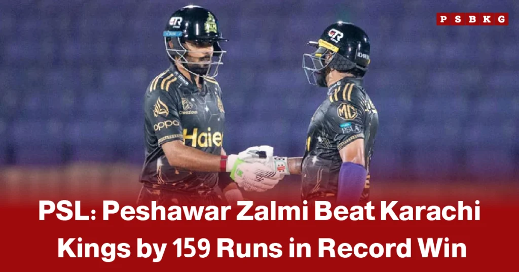 Peshawar Zalmi vs Karachi Kings result two Peshawar Zalmi cricket players in black uniforms and helmets fist bump during a match celebration after a victory moment.