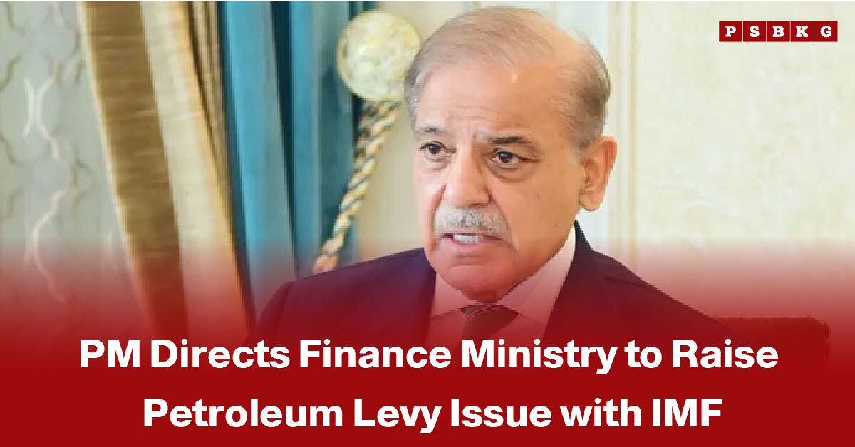 Image of a blurred person in a suit with headline about PM directing finance ministry to raise petroleum levy issue with IMF, highlighting Petroleum levy Pakistan.