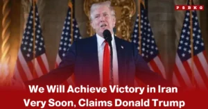 Trump Iran victory statement former President Donald Trump speaking at a podium with American flags in the background, delivering a statement about achieving victory in Iran.