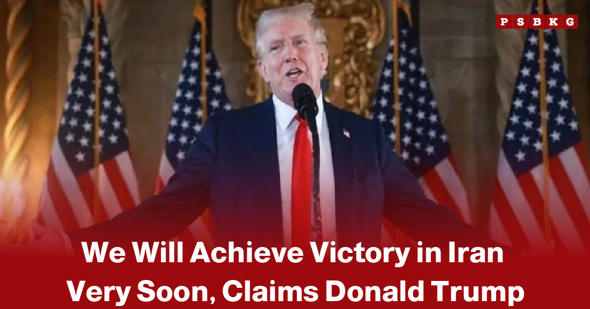 Trump Iran victory statement former President Donald Trump speaking at a podium with American flags in the background, delivering a statement about achieving victory in Iran.