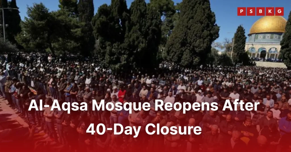 Al Aqsa Mosque reopening – large crowd gathered for prayer outside Al-Aqsa Mosque with the golden Dome of the Rock visible in the background.