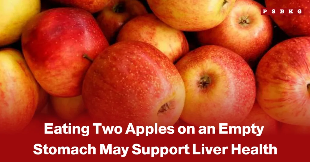 Apples liver health empty stomach close-up of multiple red and yellow apples with a health message about eating two apples on an empty stomach supporting liver health.
