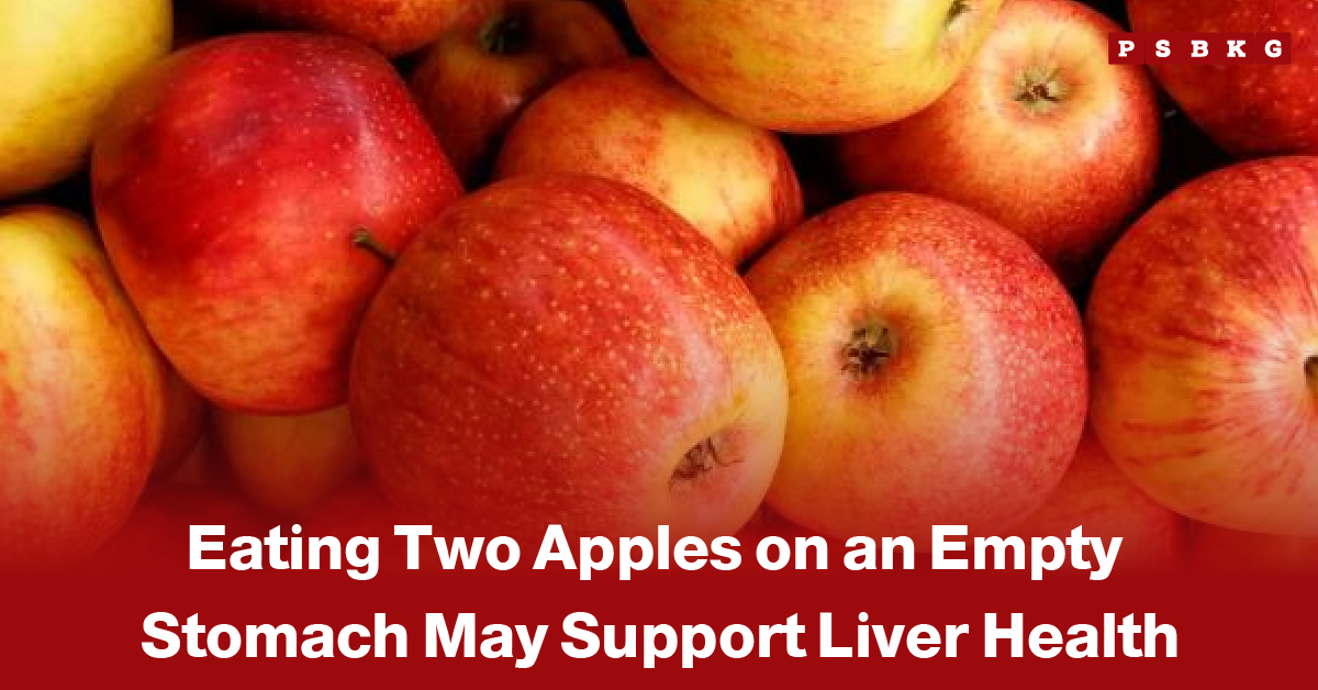 Apples liver health empty stomach close-up of multiple red and yellow apples with a health message about eating two apples on an empty stomach supporting liver health.