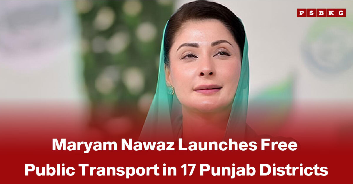 A blurred image of a woman in a blue headscarf with text announcing Maryam Nawaz launching free public transport in 17 districts of Punjab.