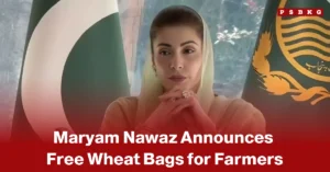 Free wheat bags farmers Punjab woman announcing free wheat bags for farmers with Pakistani flags in the background and a news logo in the top right corner.