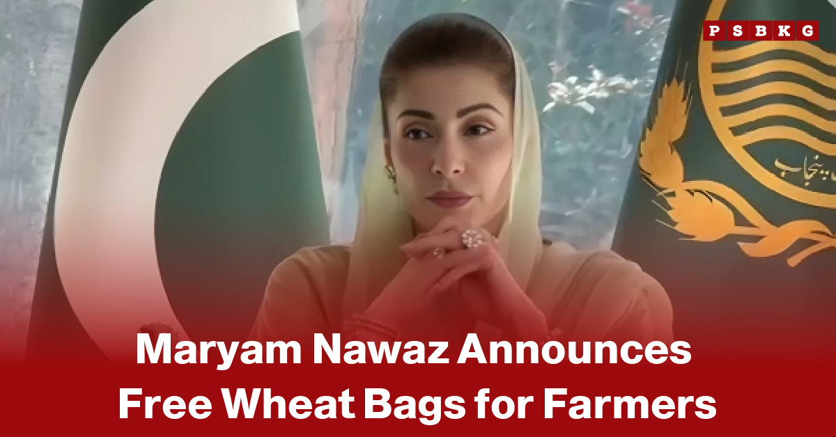 Free wheat bags farmers Punjab woman announcing free wheat bags for farmers with Pakistani flags in the background and a news logo in the top right corner.
