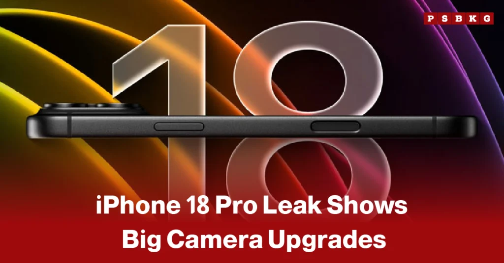 iPhone 18 Pro camera upgrades side view of iPhone 18 Pro with a colorful background and text about major camera upgrades leak.
