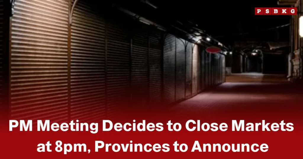 Market closing time Pakistan empty closed market stalls and walkway at night following PM decision to close markets at 8pm.