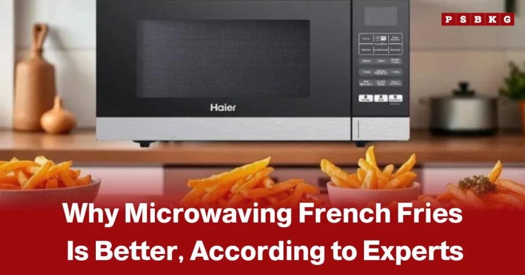 Microwaving French fries microwave oven above three bowls of French fries on a kitchen counter, showing tips on microwaving fries better, per experts.