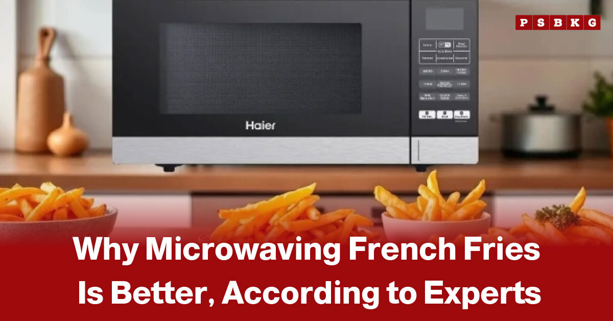 Microwaving French fries microwave oven above three bowls of French fries on a kitchen counter, showing tips on microwaving fries better, per experts.