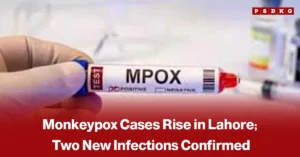 Monkeypox cases Lahore hand in glove holding a test tube labeled “MPOX” with text about rising monkeypox cases and new infections in Lahore.